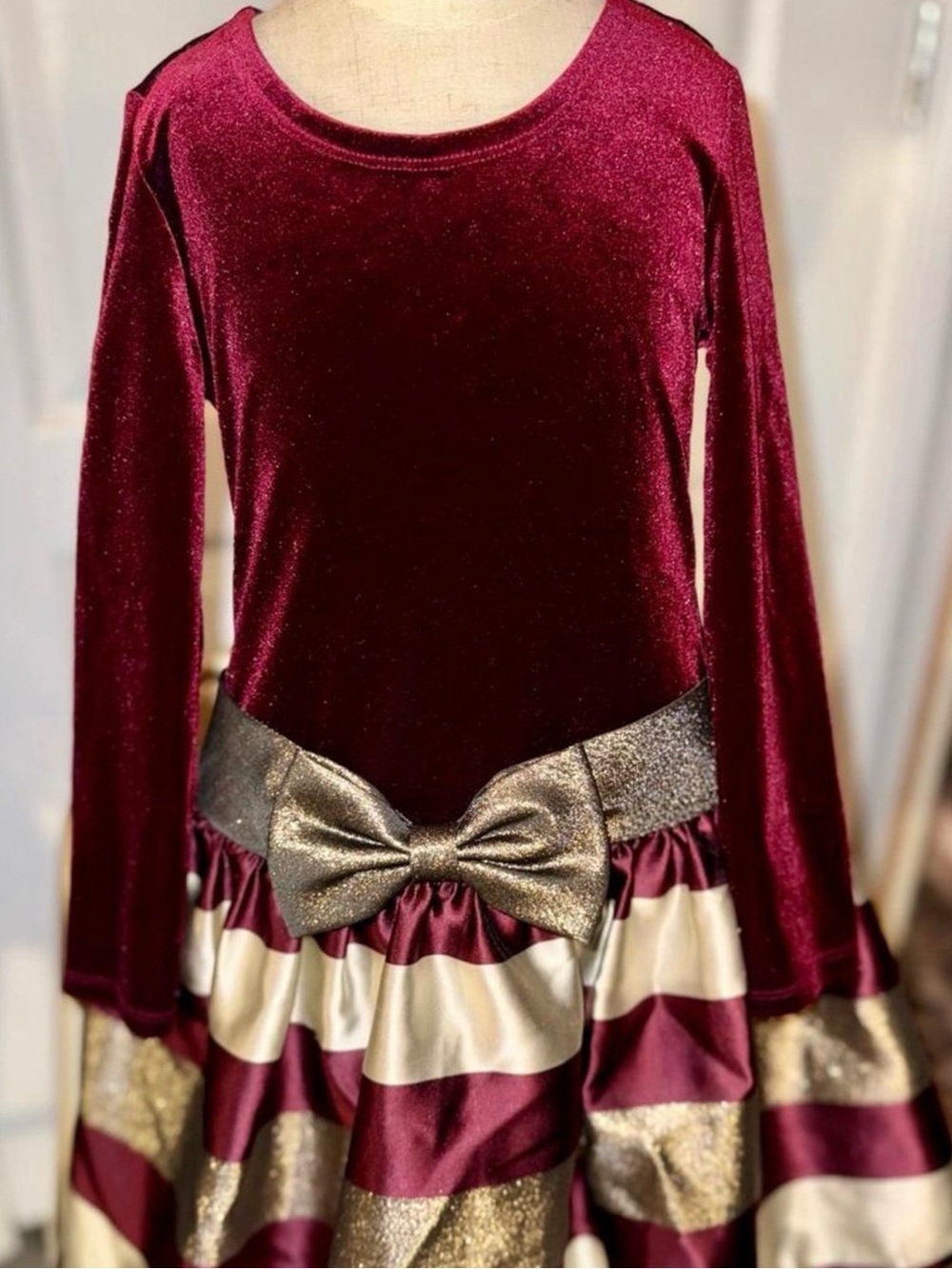 Velvet Burgundy and Gold Bow Kids Dress